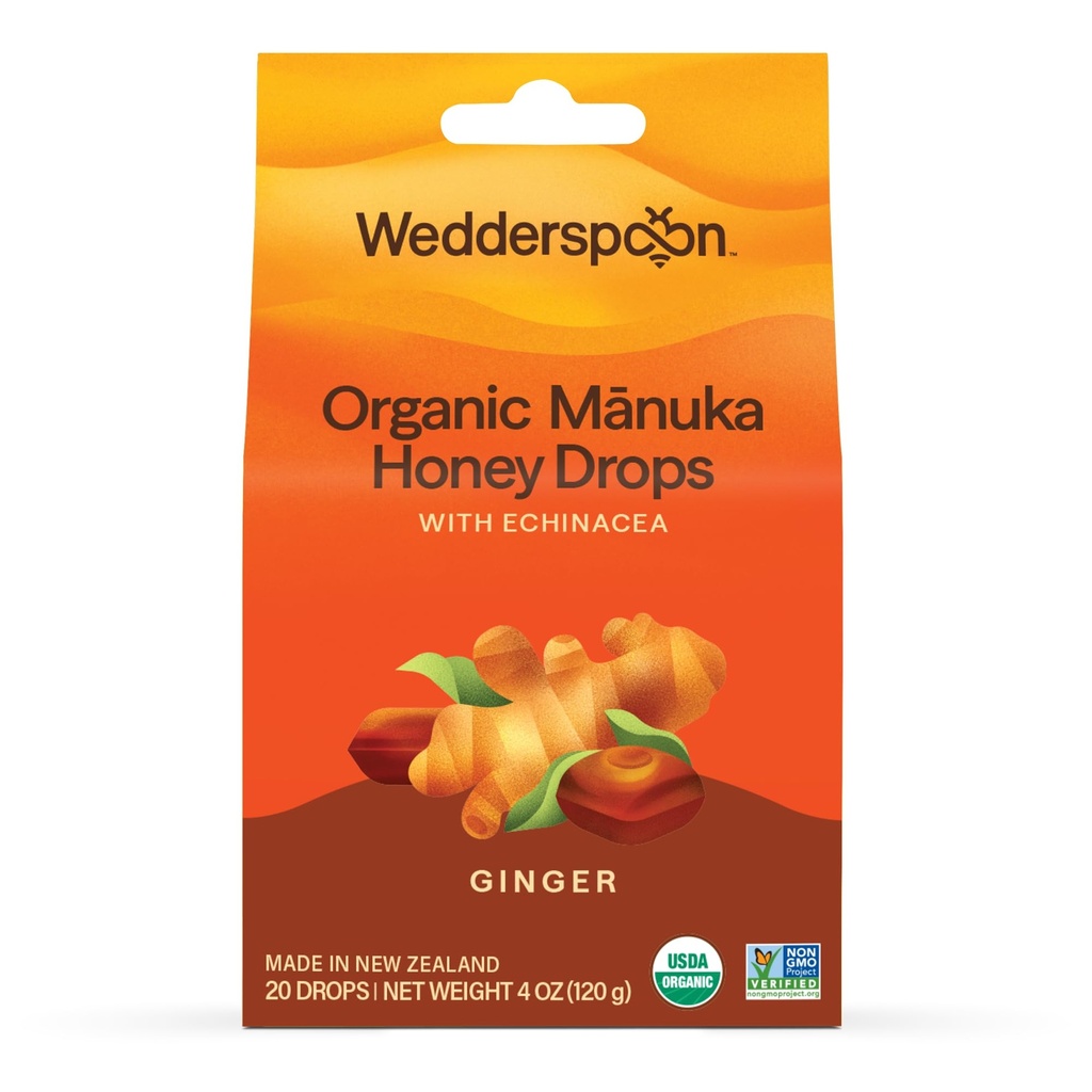 Wedderspoon Organic Manuka Honey Drops, Ingefær & Echinacea, 20 Greve (pakke med 1)