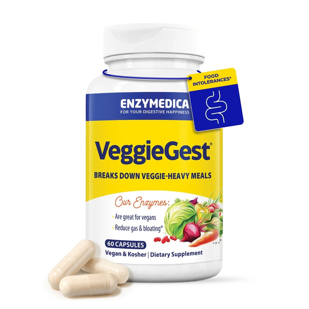 Enzymedica, VeggieGest, fordøjelsesenzymer, Understøtter lejlighedsvis Gas & Bloating Relief fra High Fiber Meals, for Vegan & Vegetar Diets, Enzyme Blend for fordøjelsessygdomme, 60 Greve