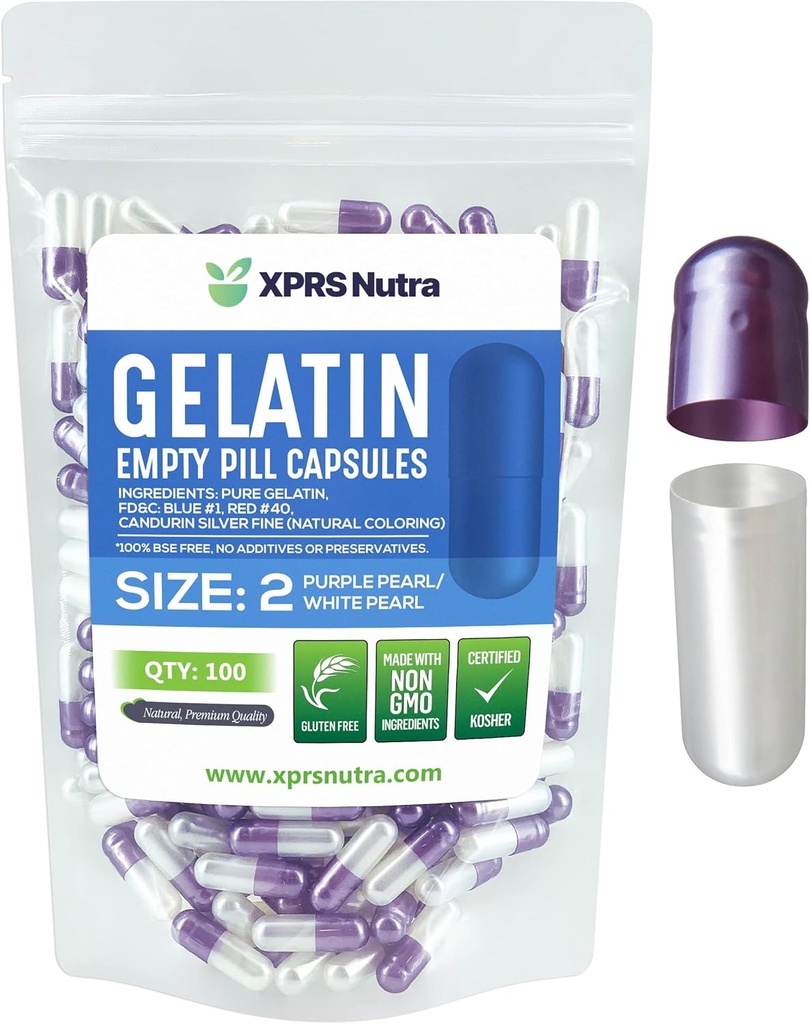 XPRS Nutra Størrelse 2 Tomme kapsler - 100 Grev Tomme Gelatine kapsler - Piller selv Kapselfyld - Pure Bovin Pill Gel Caps til Do- It- Yourself Kosttilskud (Pearl Purple / White)