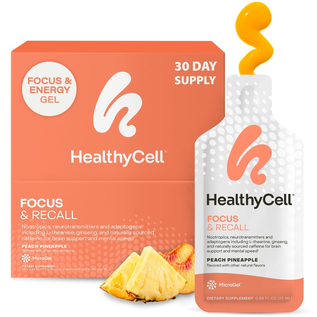Healthycell Focus & Recall, Daily Liquid Brain Supplement for Focus & Memory - Nootropics Supplement for Koncentration & Alerness med L- Theanin, Omega-3 & Taurin - 30 Gel pakker