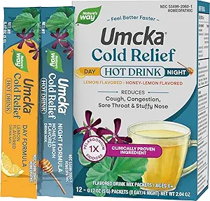Nature 's Way Cold Relief Hot Drink, Umcka, Homøopatisk, Klinisk Proven Pelargonium Sidoides 1X, for Hough, Congestion, Sore Throat, Stuffy Næse, Dag & Nat Formel, 12 Pakker (Packaging May Vary)