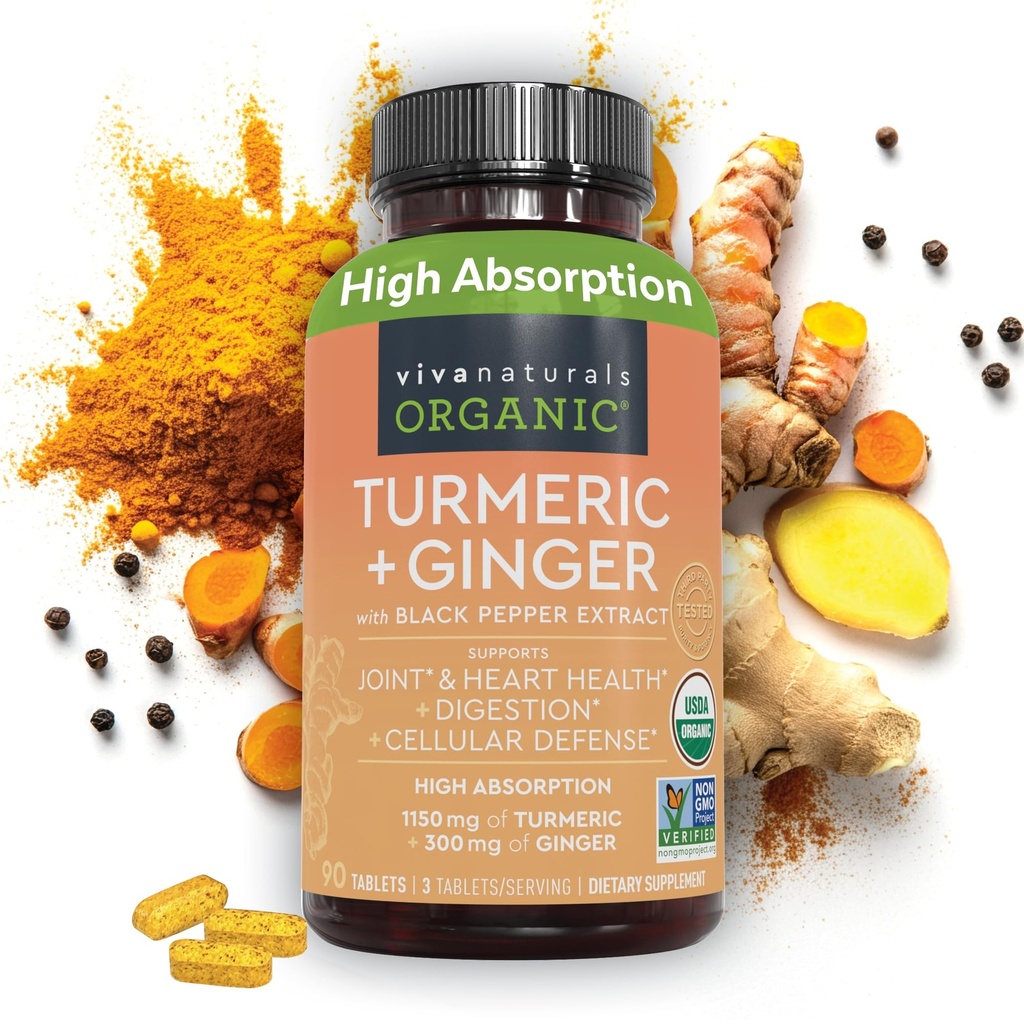Viva Naturals Økologisk Gurkemeje og Ingefær Kosttilskud med Black Pepper Extract til Joint Support -1450 mg per Servering Tumerisk Gingefulde piller med 150 mg gurkemeje Standardiseret til 95% Curcuminoider