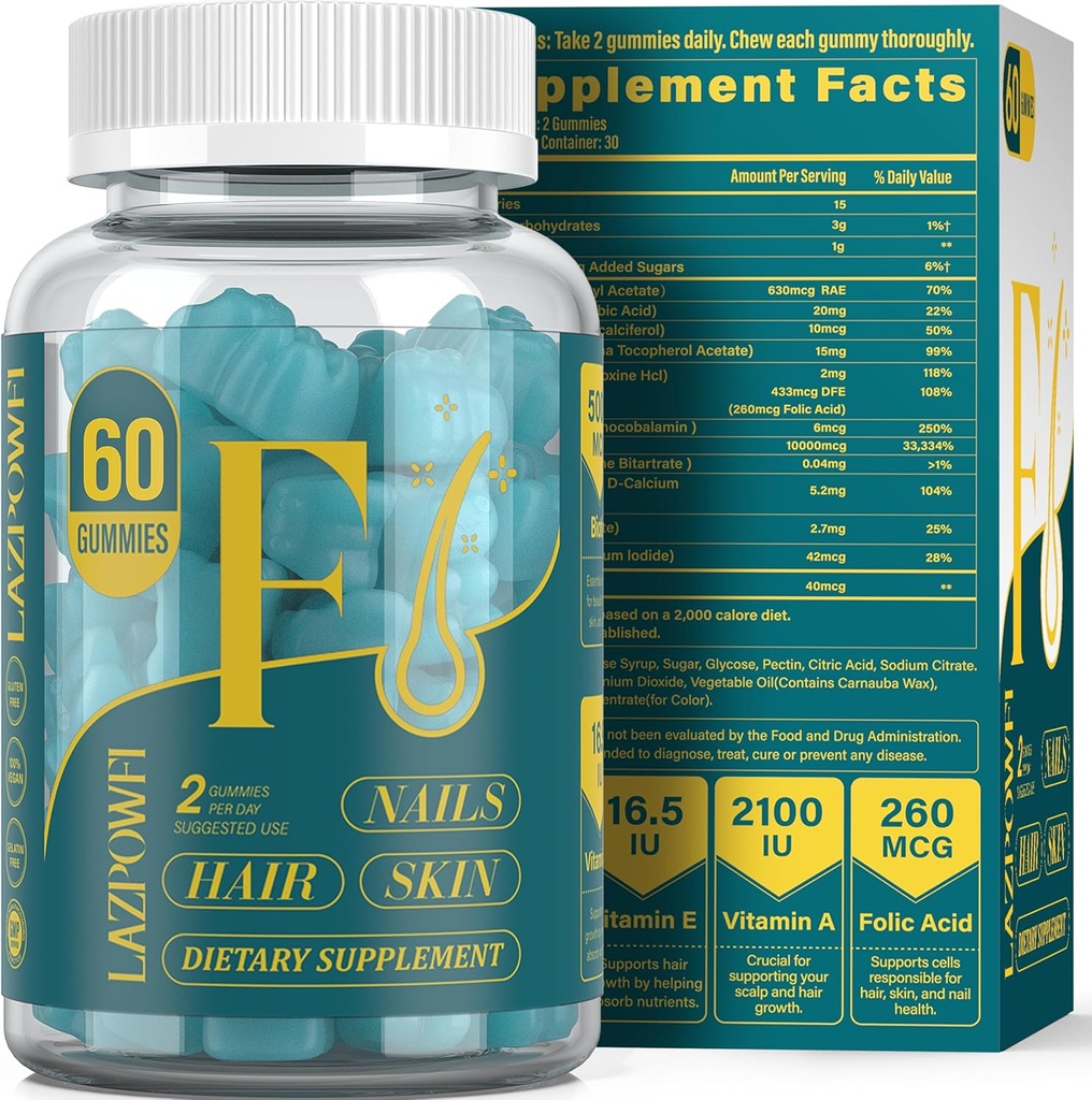 Biotin Gummies - Hår Hud og negle Vitaminer til mænd og kvinder, Vegansk vitamin B7, understøtter hårvækst og stærkere negle, 30 dages forsyning - Blueberry- 60 tællinger