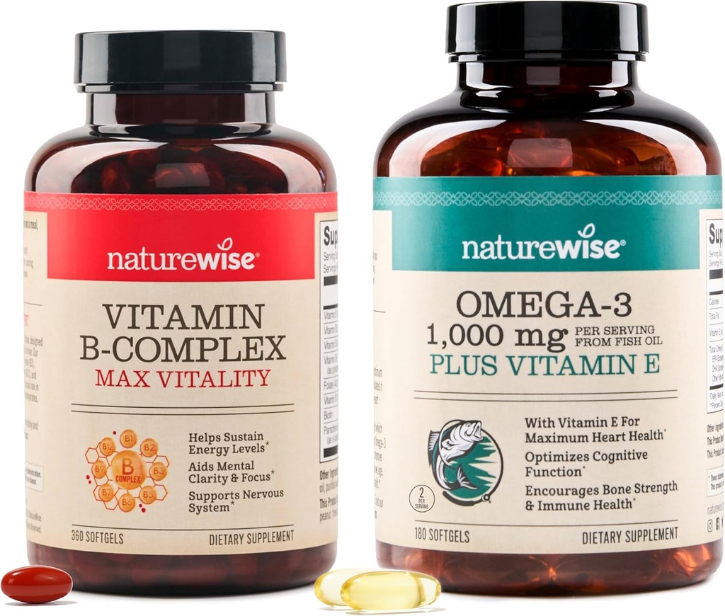 NatureWise vitamin B Complex 360 Softgels & Omega 3 Fish Oil 180 kt for energi, hjerte, hjerne, immunforsvar og Vision Support