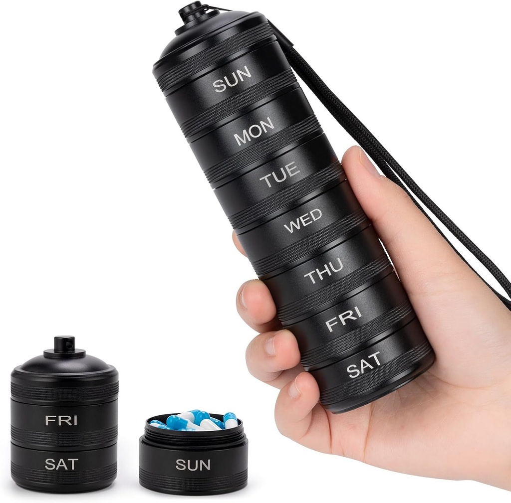 Pill Organizer Weekly Metal Travel Pill Box Vandtæt - 7 dages Stor Aluminium Alloy Pill Container, Bærbar Daglig Pill sag for Vitamin, Medicin, tillæg, fiskeolie
