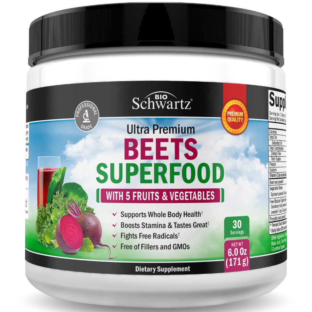 Root Powder - Beets Superfood supplement med C-vitamin Plus Organic Antioxidant Rich Red Fruits and Grøntsager - Øger Stamina og naturlige energiniveauer - 30 Servering - Packaging May Vary