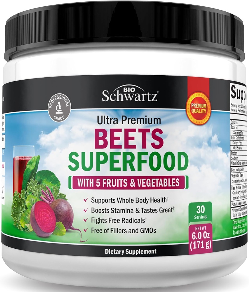 Root Powder - Beets Superfood supplement med C-vitamin Plus Organic Antioxidant Rich Red Fruits and Grøntsager - Øger Stamina og naturlige energiniveauer - 30 Servering - Packaging May Vary