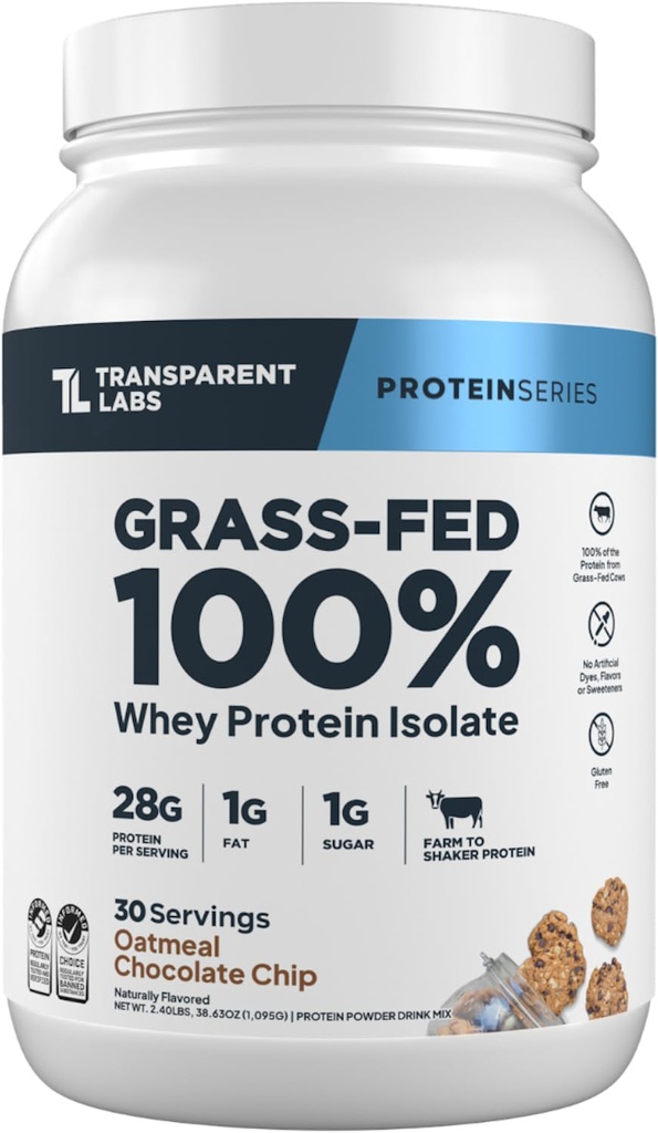 Transparent Labs Grass- Fed Whey Protein Isolate - naturligt aromatiseret, Gluten Free Whey Protein Powder med 28 g protein per servering & 9 Aminosyrer - 30 Servere, Havregryn Chokolade Chip Cookie