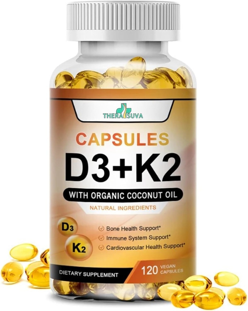 Høj potens D3 5000 IE + K2 - Vegan, ikke-GMO, med Organic Coconut Oil for Better Absorption - Bone & Heart Support - 60- Day Supply, 120 Softgels