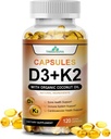 High Potency Vitamin D3 5,000 IU + K2 – Vegan, Non-GMO, with Organic Coconut Oil for Better Absorption – Bone & Heart Support – 60-Day Supply, 120 Softgels