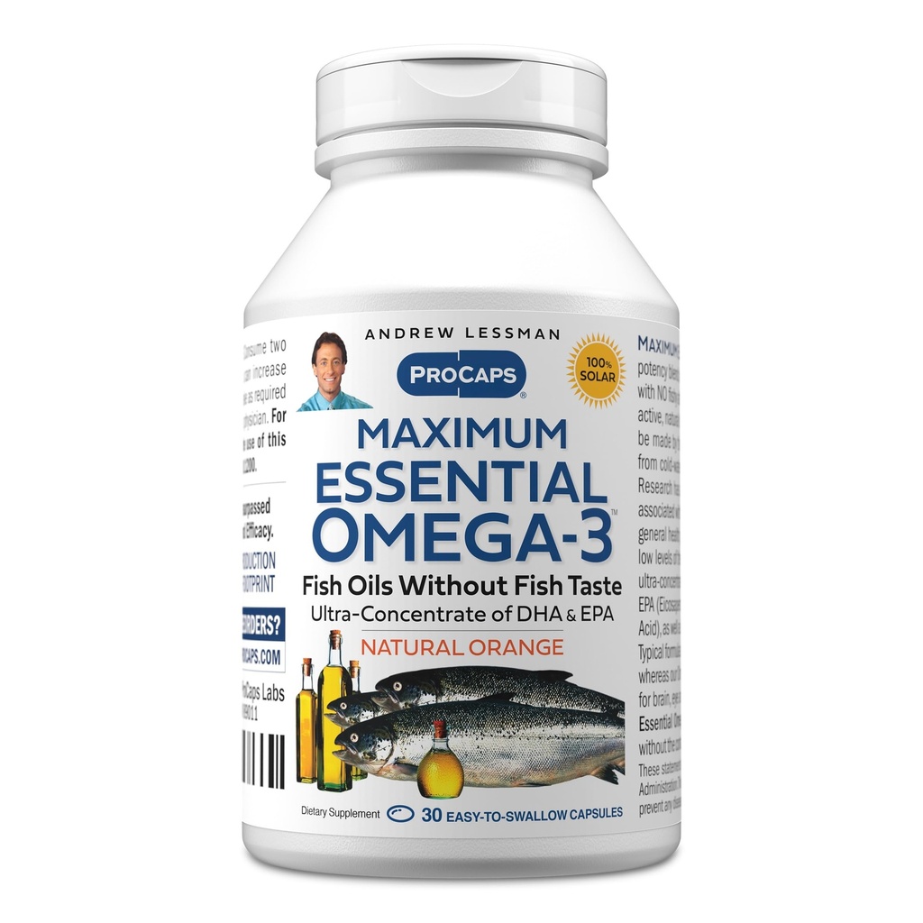 ANDREW LESSMAN Maximum Essential Omega-3 Orange - 30 Softgels - Ultra-Pure, High Potence Omega-3 Olies. Høj DHA, ingen stomach, ingen kontaminanter, ingen kviksølv. Lille let at synke bløddele