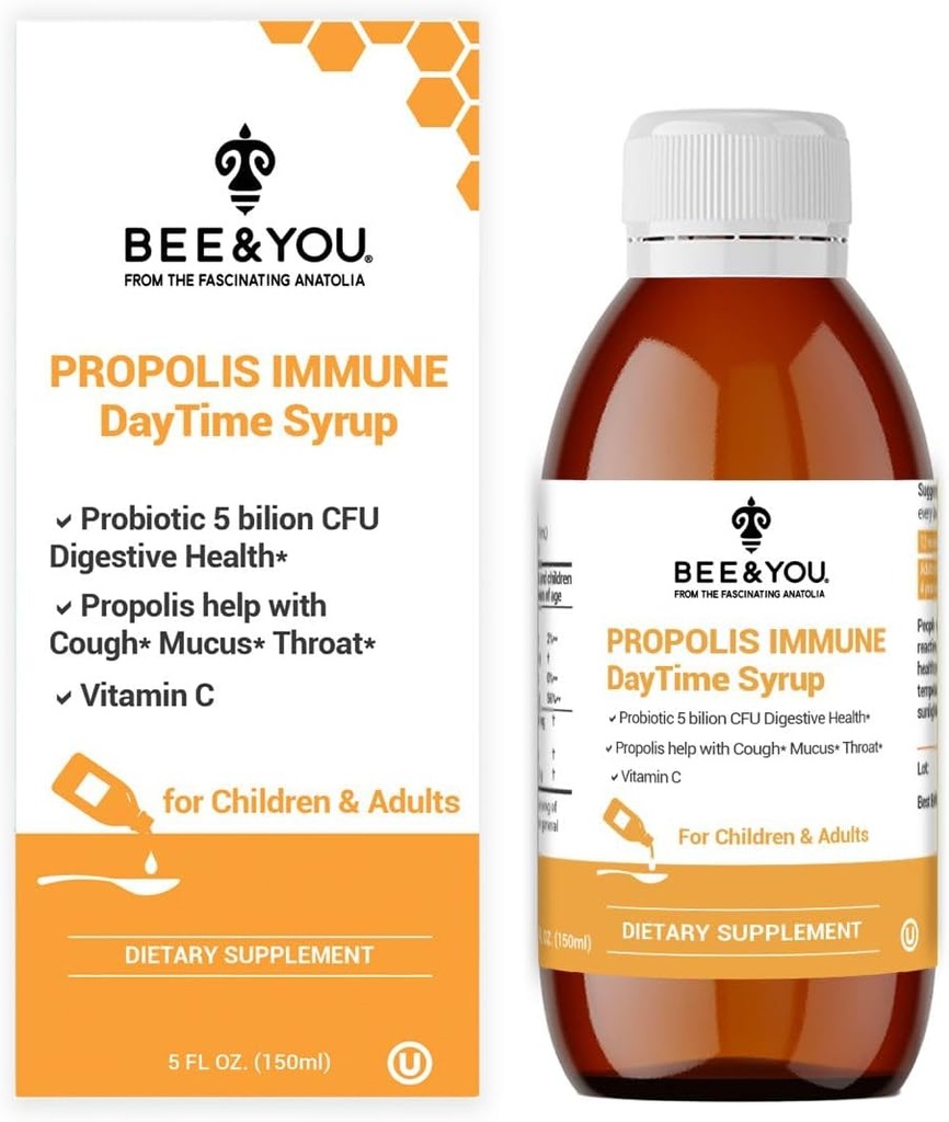 Bee og du Propolis immunsystem Day Time Syrup med probiotika, C-vitamin, immunforsvar, fordøjelsessygdomme, antioxidanter, Gut Health 5 Fl Oz