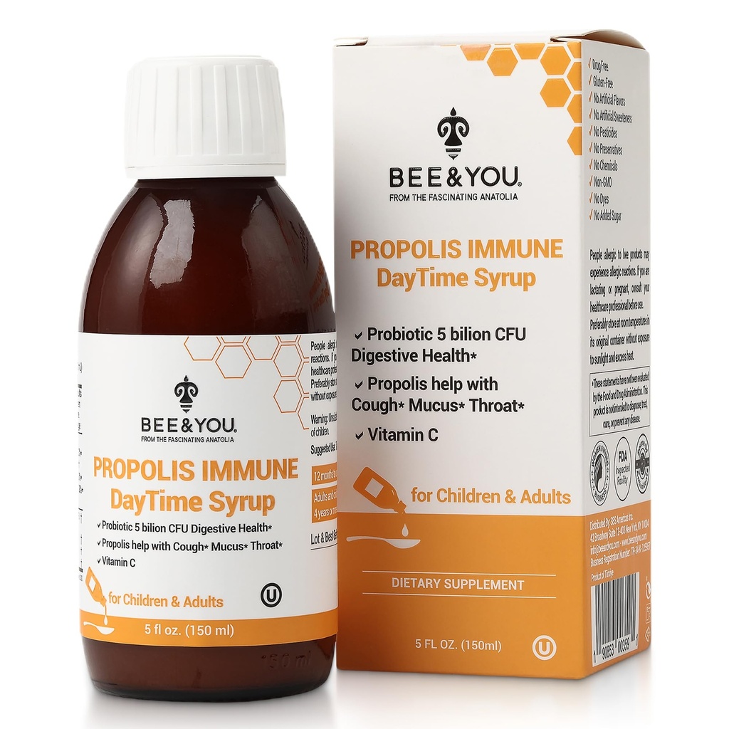 Bee og du Propolis immunsystem Day Time Syrup med probiotika, C-vitamin, immunforsvar, fordøjelsessygdomme, antioxidanter, Gut Health 5 Fl Oz