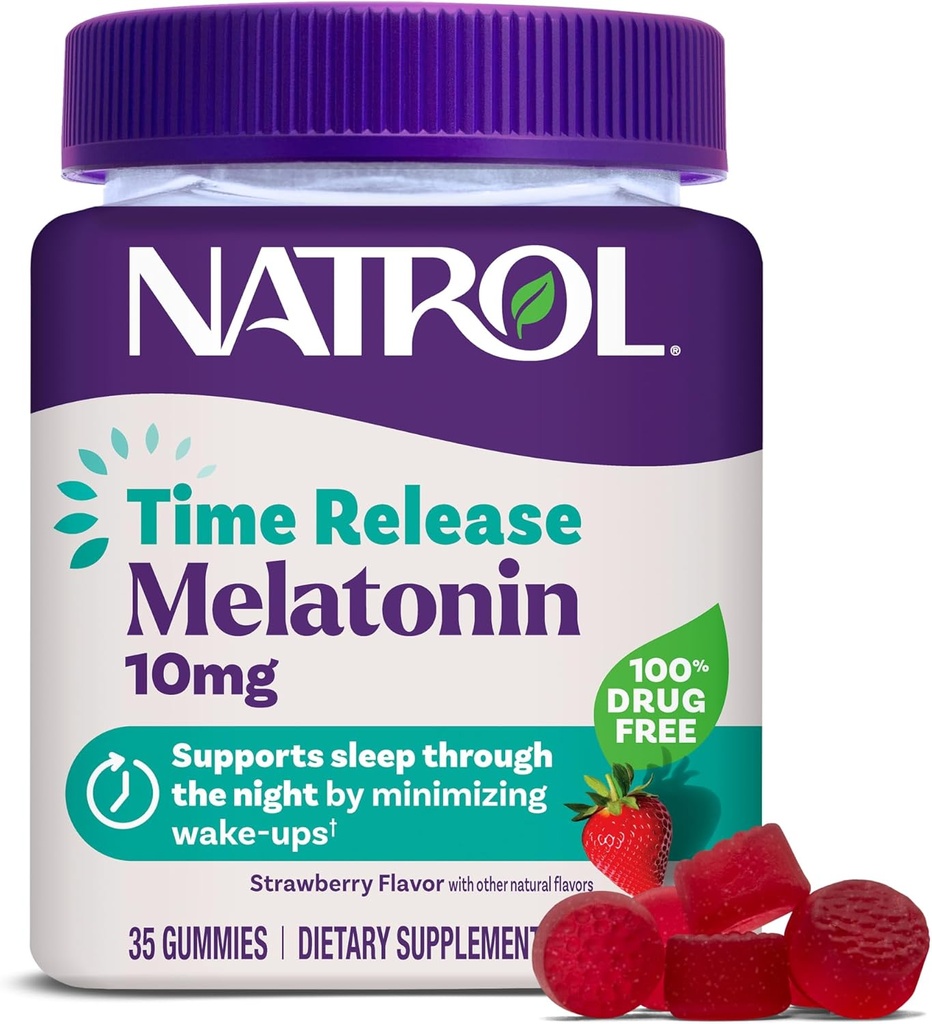 Natrol 10 mg Melatonin Gummies, Time Release Sleep Gummies til voksne, Minimize Wake Ups, Strawberry- Smagen, 35 Greve, 35 Day Supply