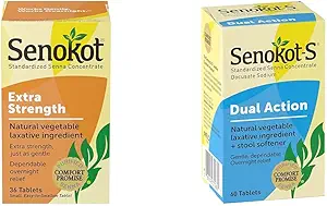Senokot Extra Strength Natural Vegetable Laxative & S Dual Action 60 Tablets, Natural Vegetable Laxative Ingredient Plus Stool Softener Tablets