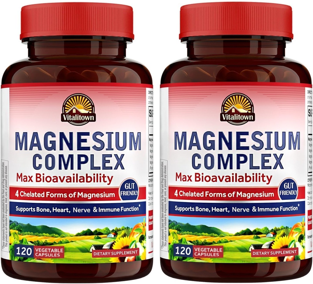 Vitalitown Magnesium Complex 2 Pakninger, 240 kapsler, NSF Certificeret Magnesiumglycinat, Malat, Taurat & Citrat, Chelated Forms, High Absorption, Bone, Heart, Sleep & fordøjelse
