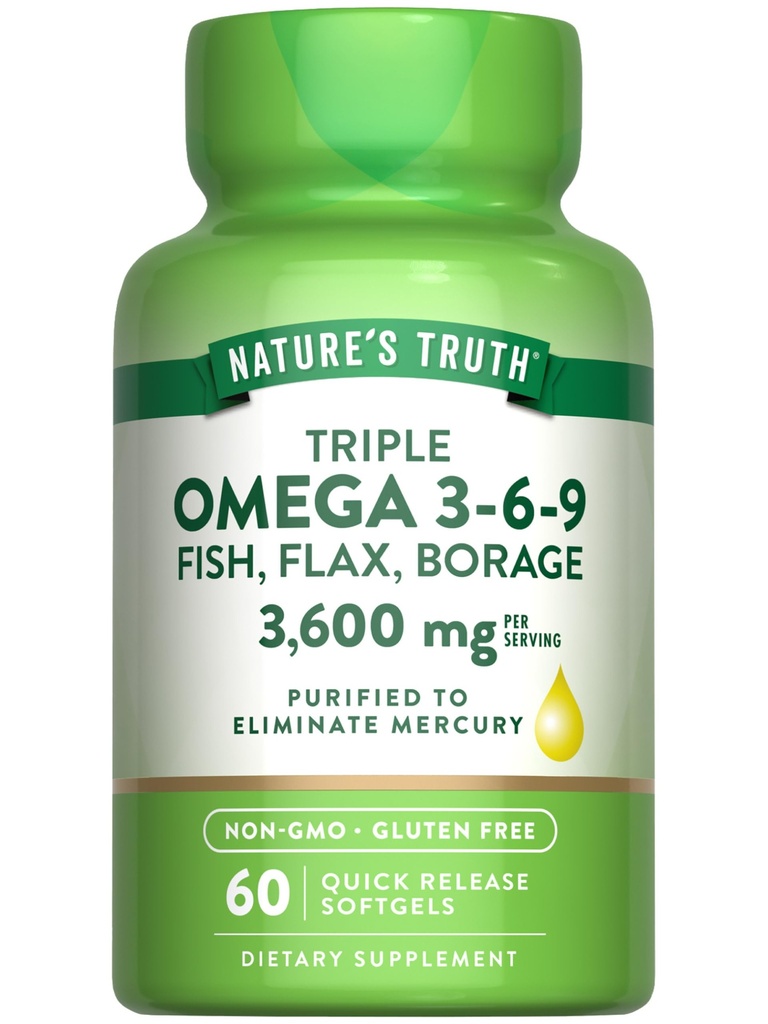 Nature 's Truth Triple Omega 3-6- 9 Softgels against 124; 3600mg against 124; 60 Grev 124; Fisk, hør, Borage Olies against 124; Non- GMO & Gluten Free Supplement
