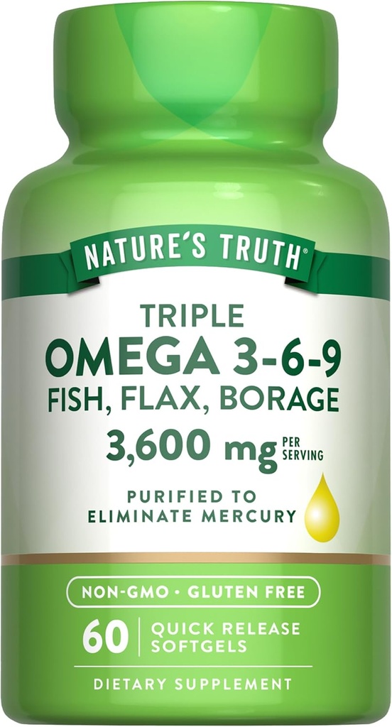 Nature 's Truth Triple Omega 3-6- 9 Softgels against 124; 3600mg against 124; 60 Grev 124; Fisk, hør, Borage Olies against 124; Non- GMO & Gluten Free Supplement