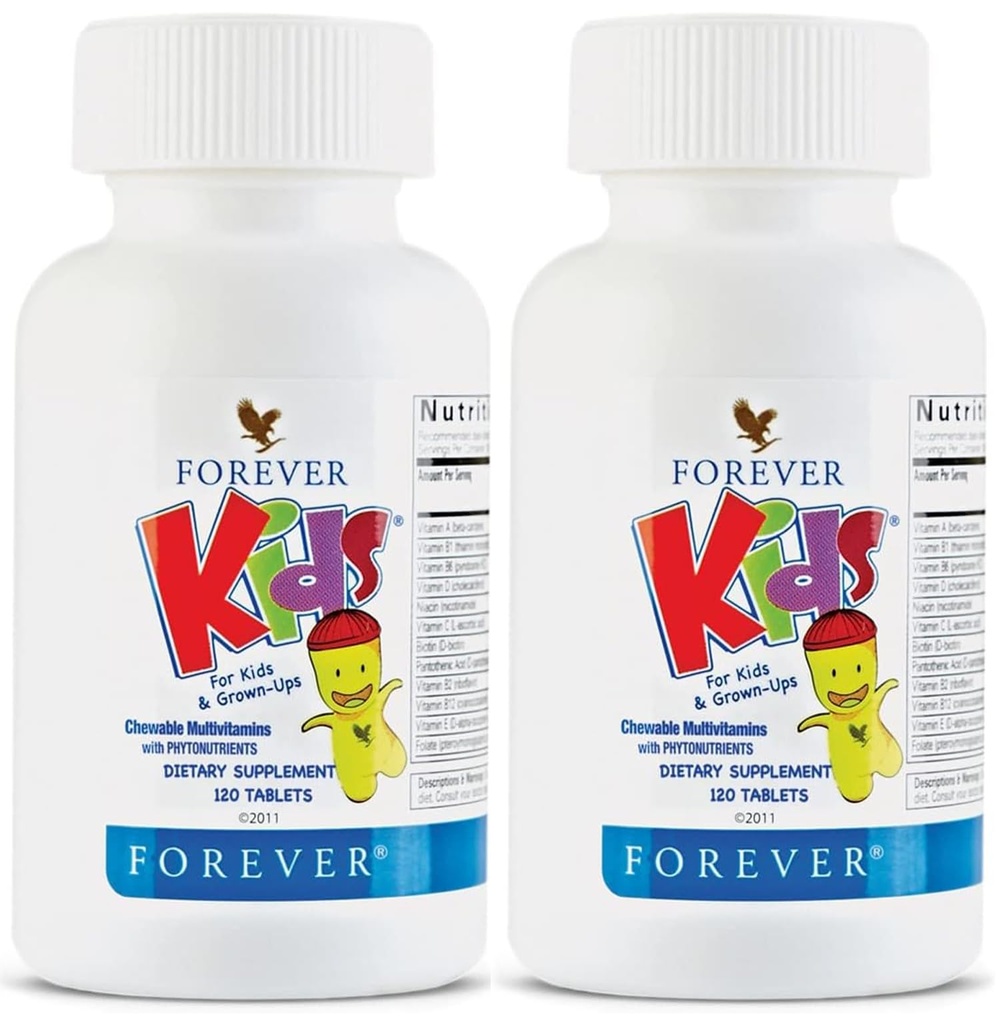 Forever Living - Kids Chewable Multivitamin - Grape Flavor for sund vækst og udvikling - Ingen kunstige flavors - 120 tabletter (pakke med 2)