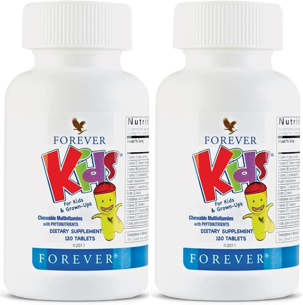 Forever Living - Kids Chewable Multivitamin - Grape Flavor for sund vækst og udvikling - Ingen kunstige flavors - 120 tabletter (pakke med 2)
