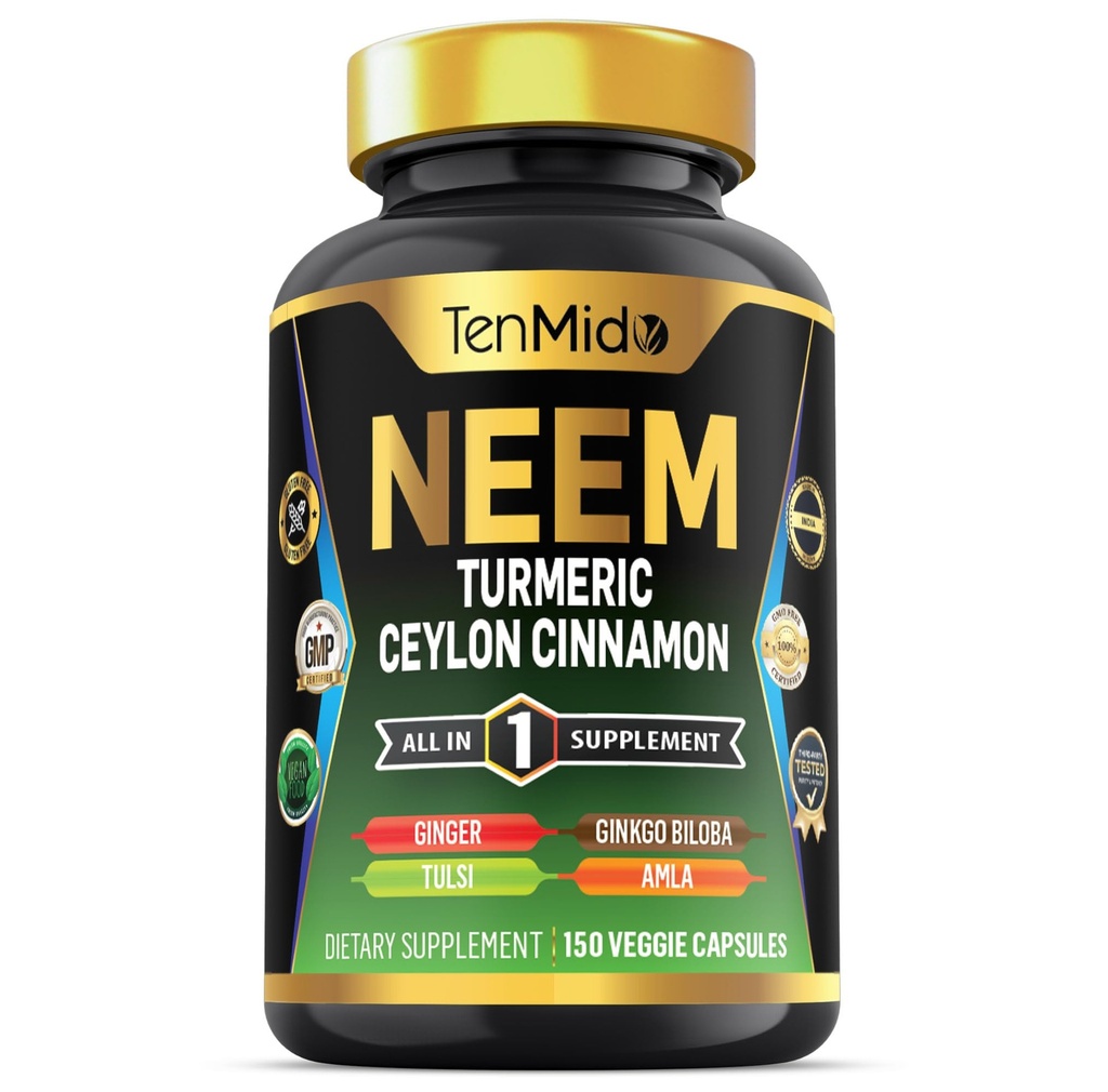 Neem Leaf Supplement - 8in1 Formel - Kombiner med gurkemeje, Ceylon kanel, Ginger, Tulsi, Ginkgo Biloba, Amla, og Black Pepper - immunforsvar - 150 Veganske kapsler