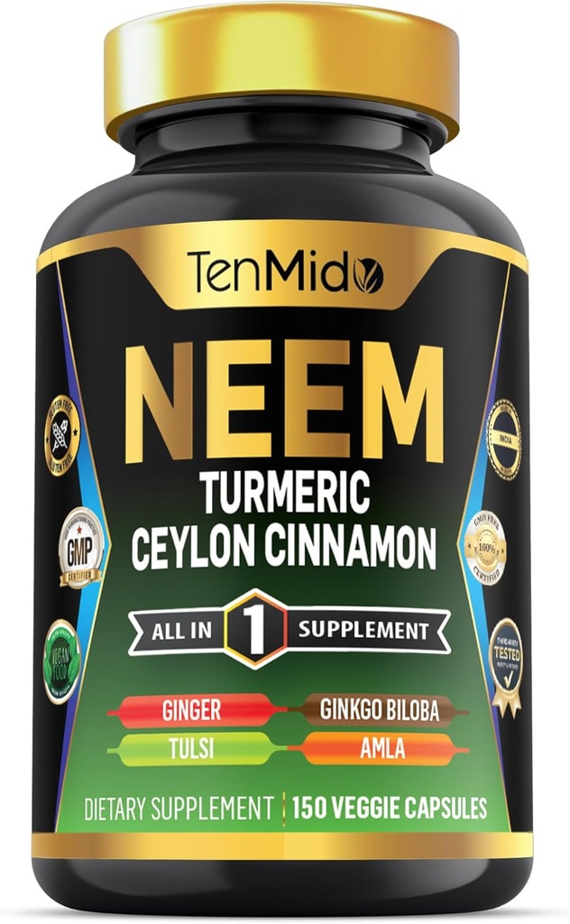 Neem Leaf Supplement - 8in1 Formel - Kombiner med gurkemeje, Ceylon kanel, Ginger, Tulsi, Ginkgo Biloba, Amla, og Black Pepper - immunforsvar - 150 Veganske kapsler