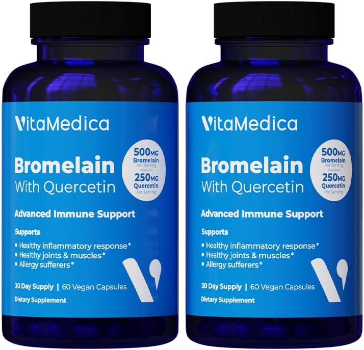 VitaMedica Bromelain & Quercetin Supplement - 500mg Bromelain 250mg Quercetin - 2400 GDU for Immunitet, fælles støtte, inflammation og muskel Inddrivelse - 60 Veganske kapsler - 30 Servere (2 Pack)