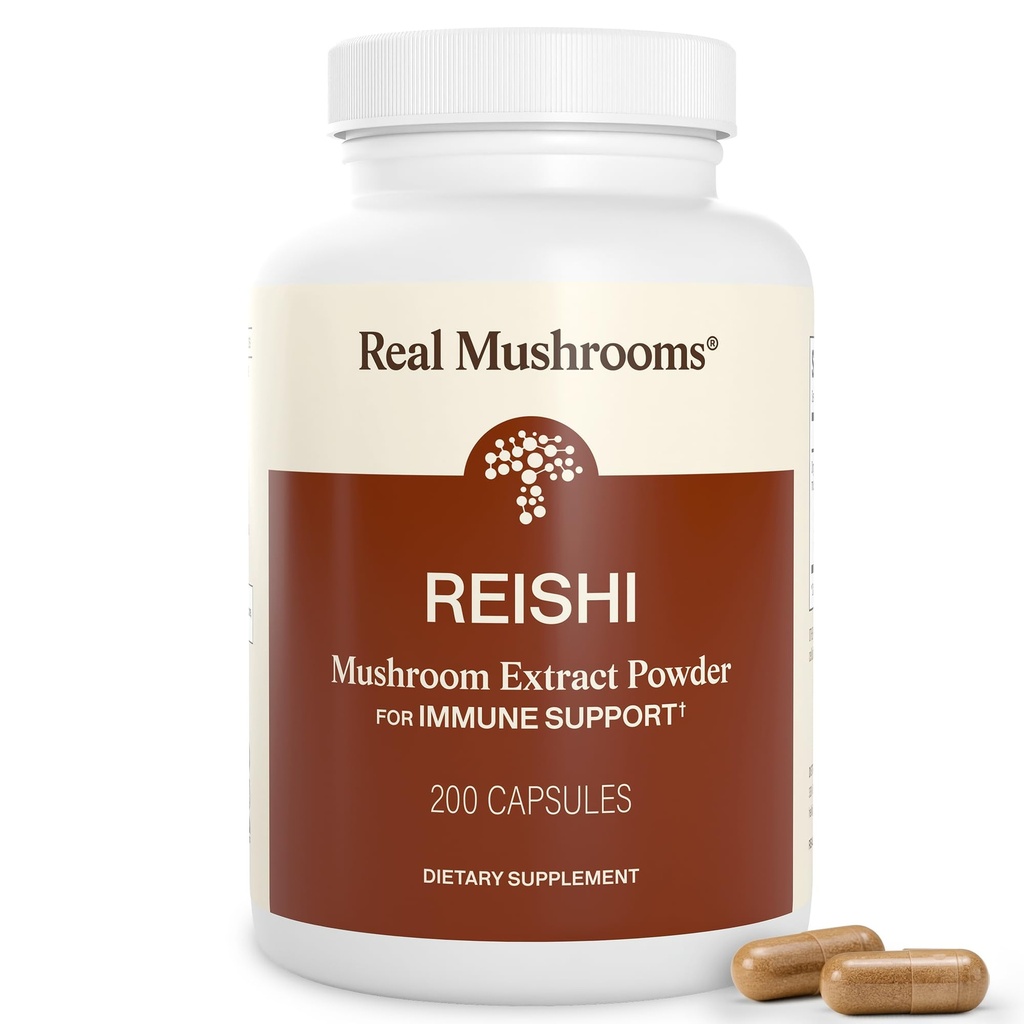 Real Mushrooms Reishi Mushroom Capsules - Håndplukket Organic Mushroom Ekstrakter - Rød Reishi for Tranquil Daglig Wellness med verificerede Beta glucans Vegan, Non- GMO, No Grain Fillers, 200 ct