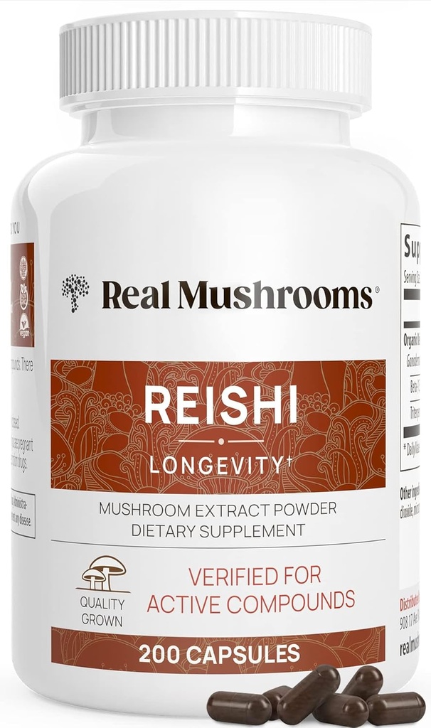 Real Mushrooms Reishi Mushroom Capsules - Handpicked Organic Mushroom Extracts - Red Reishi for Tranquil Daily Wellness with Verified Beta Glucans Vegan, Non-GMO, No Grain Fillers, 200 ct