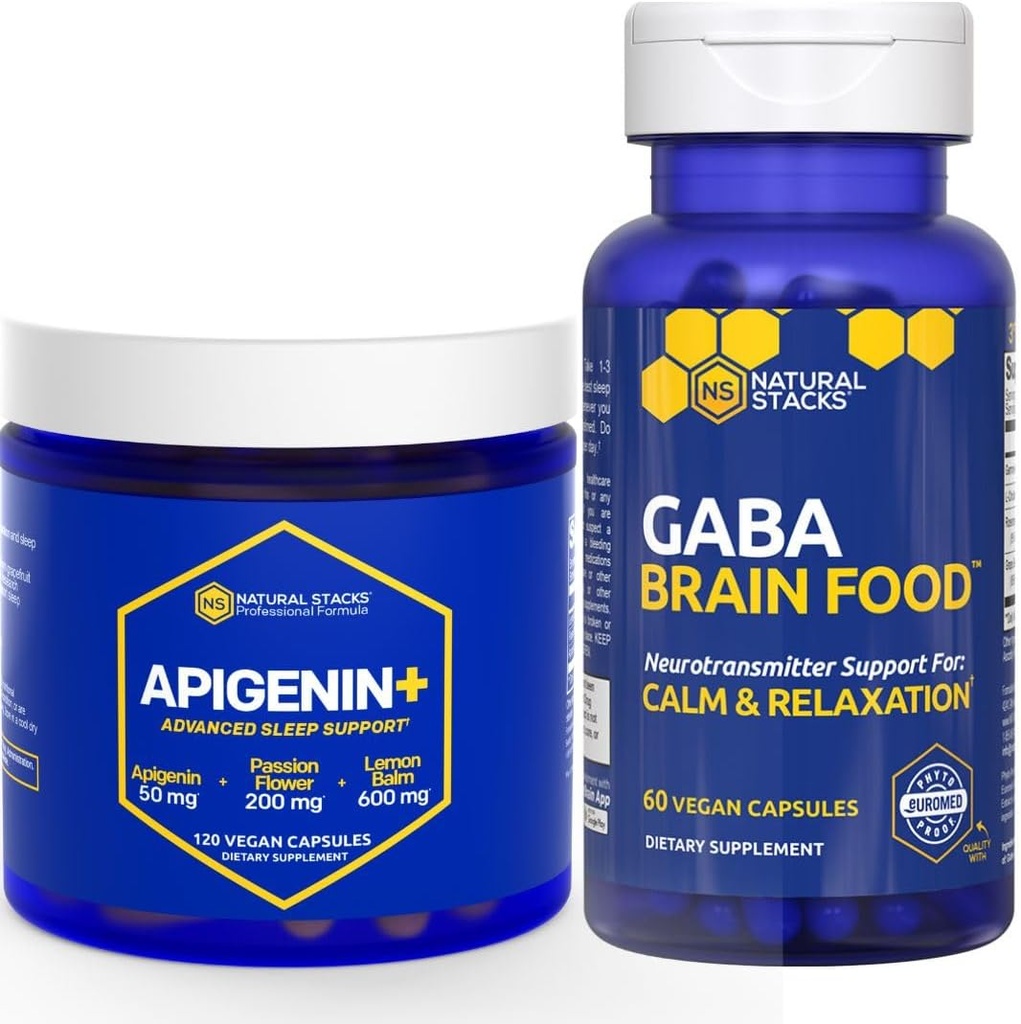 NATURLIGE STAKKER GABA Brain Food + Apigenin Supplement for søvn bundle - Understøtter afslapning og søvn * - 180 Total Kapsler