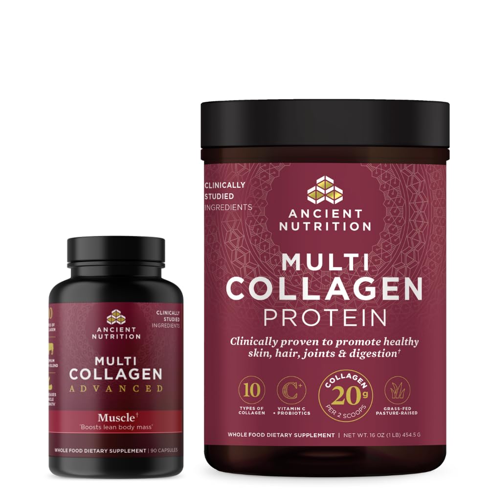 Ancient Nutrition Multi Collagen Advanced Capsules, Muscle, 90 Count + Multi Collagen Protein Powder, Unflavored, 45 Servering