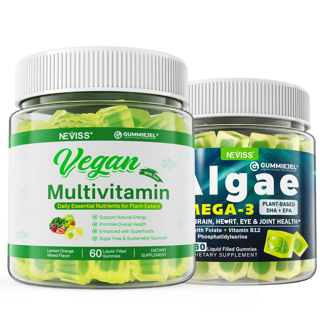 Vegansk Omega 3 Gummies 1000mg med Vegansk Multivitamin til kvinder Mænd med jern, vitamin B12, A, D3, K2, Alger Omega 3, Magnesium, Zink