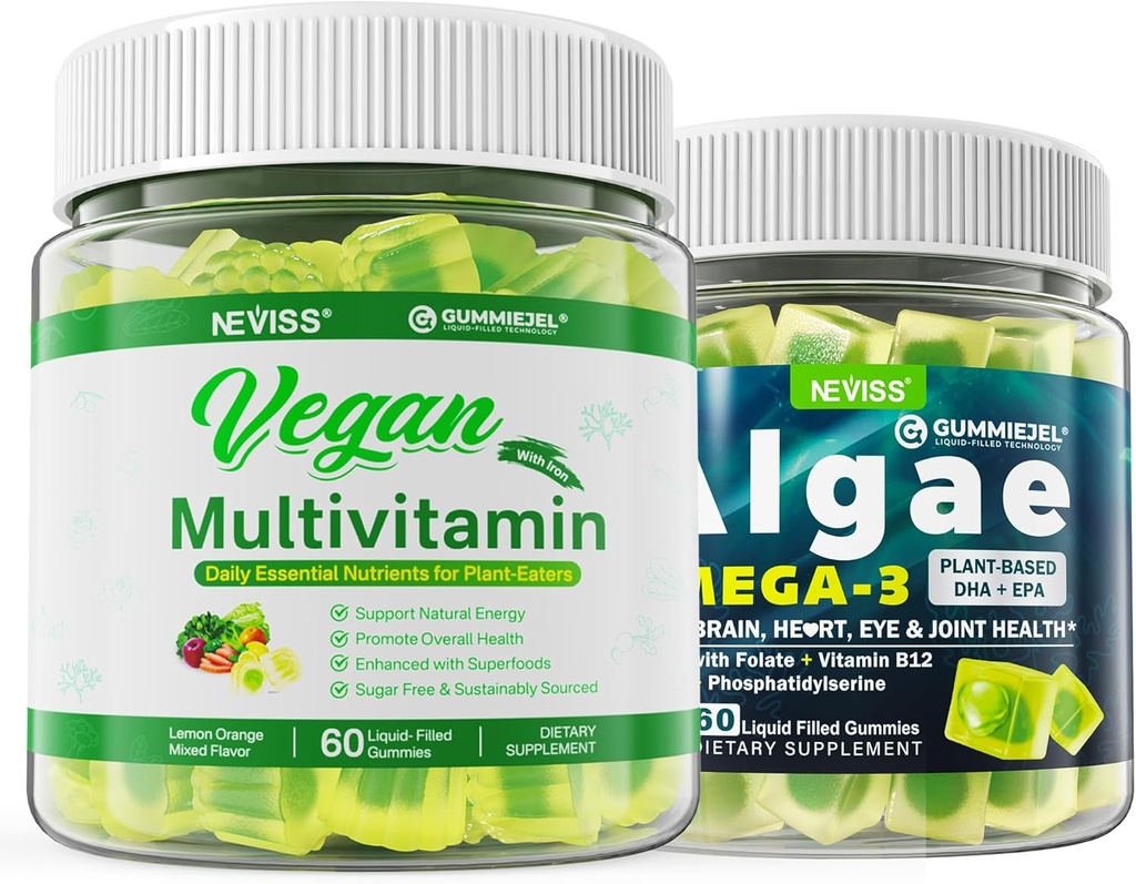 Vegansk Omega 3 Gummies 1000mg med Vegansk Multivitamin til kvinder Mænd med jern, vitamin B12, A, D3, K2, Alger Omega 3, Magnesium, Zink