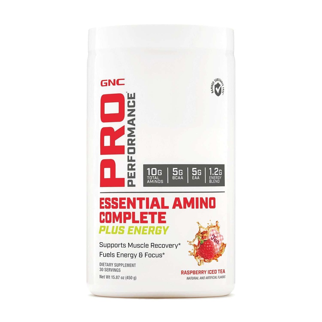 GNC Pro Performance Essential Amino Complete Plus Energy - Raspberry Iced Tea Budding 124; 5g BCAA, 5g EAA Plus Energy Blend og Electrolyte Complex Buddy 124; 30 Serveringer