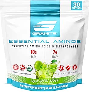 Granite Essential Aminosyrer Powder, Green Apple Flavor, med 10g EAA og 7g BCAA, understøtter Muscle Recovery & Growth, Soy- Free, Gluten- Free (30 Servere)