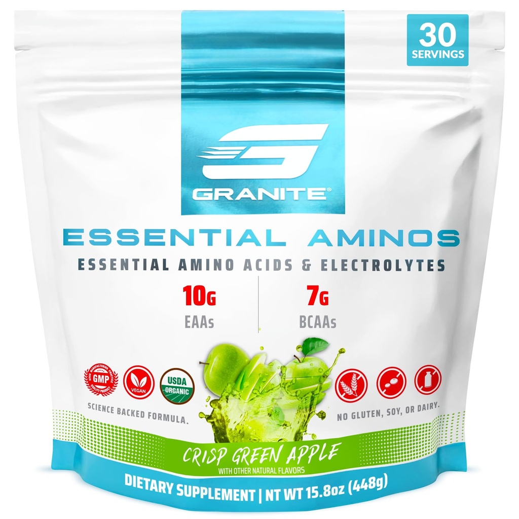 Granite Essential Aminosyrer Powder, Green Apple Flavor, med 10g EAA og 7g BCAA, understøtter Muscle Recovery & Growth, Soy- Free, Gluten- Free (30 Servere)