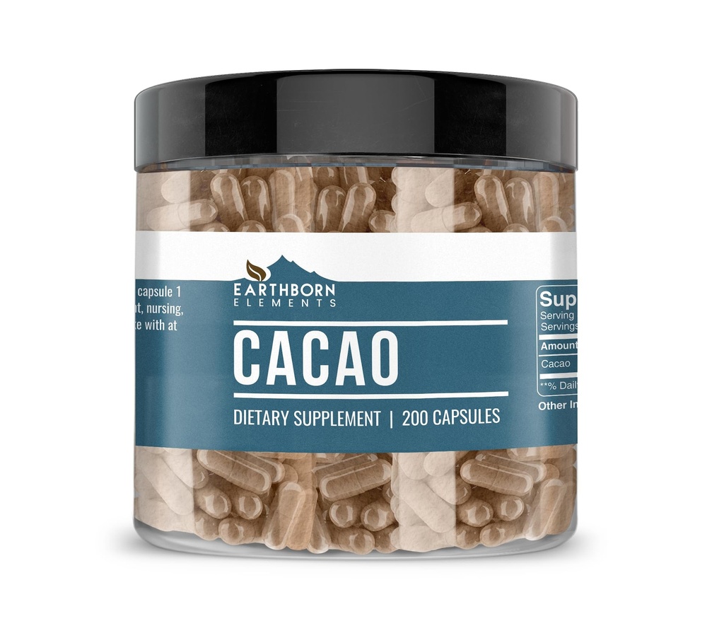 Earthborn Elements Cacao (Kakao) 200 Kapsler, Pure & Ufortyndet, Ingen tilsætningsstoffer
