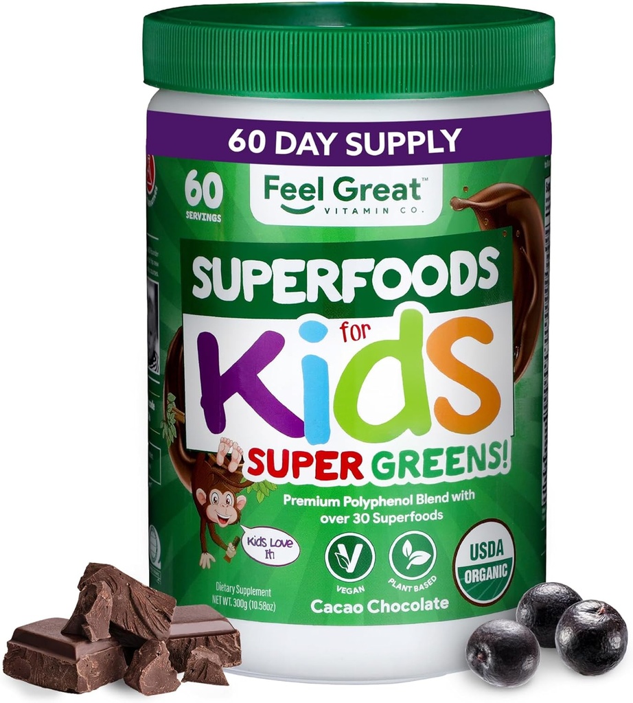 Feel Great USDA Organic Super Greens Powder for Kids - Cocao Chokolade- 124; Frugt & Veggie Supplement- 124; Superfood Powder med Probiotika & fordøjelsesenzymer til fordøjelsessygdomme