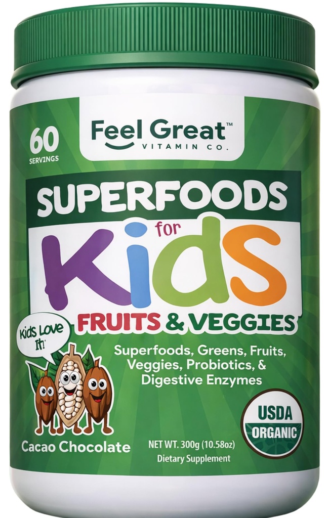 Feel Great USDA Organic Super Greens Powder for Kids - Cocao Chokolade- 124; Frugt & Veggie Supplement- 124; Superfood Powder med Probiotika & fordøjelsesenzymer til fordøjelsessygdomme