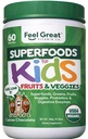 Feel Great USDA Organic Super Greens Powder for Kids - Cocao Chokolade- 124; Frugt & Veggie Supplement- 124; Superfood Powder med Probiotika & fordøjelsesenzymer til fordøjelsessygdomme