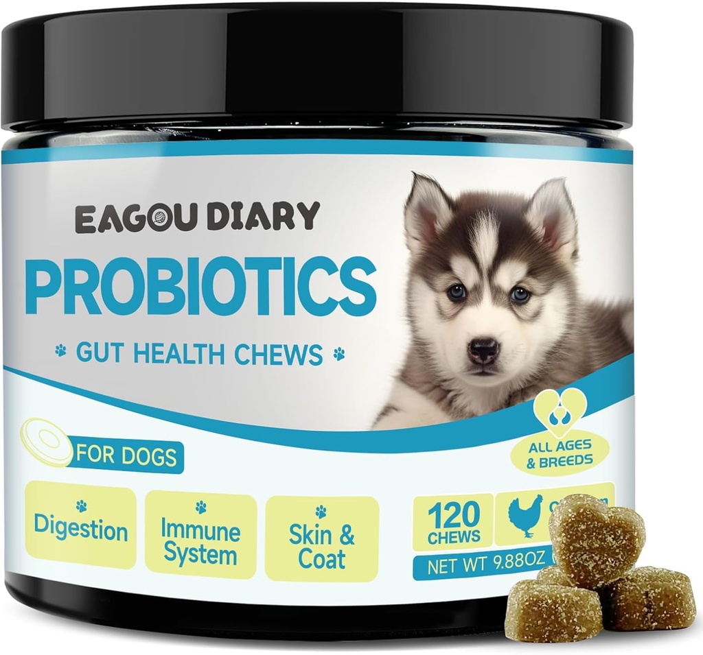 Eagou Diary Probiotika til hunde - Hund Probiotika til fordøjelse, Gut Health Kosttilskud med Prebiotika, Gedemælk, Omega 3, Vitaminer, Chews for Canine Diarré, Mave, Gas Relief - 120 Ct