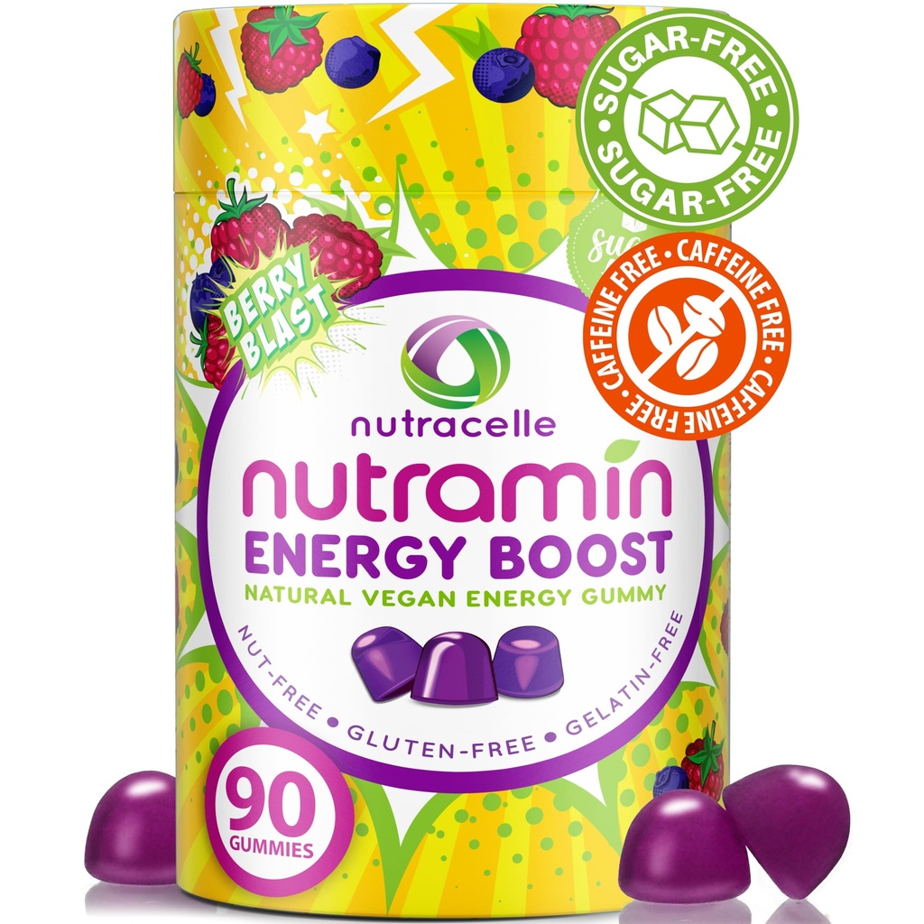 NUTRAMIN Energy Boost Vitamin Gummy - Skip the coffee & Boost din energi, Caffe- Free, Sugar- Free, Vegan, B12, Green Tea, Ashwagandha, Garcinia Cambogia, Raspberry Adaptogen - 90 ct