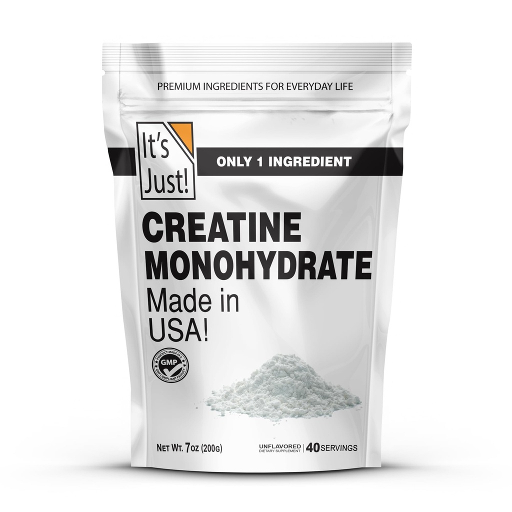 Det er bare! - Creatin monohydrat pulver, Pure Creatin pulver, Lavet i USA, 3. part Lab Testet, 5g Per Servering, Scoop Inkluderet, Ingen Fyldere, Ingen Tilføjet Flavor (Uden smag, 200g / 40 Servering)