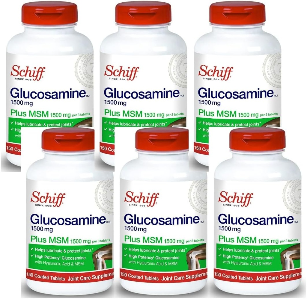 Schiff Glucosamin 1500mg Plus MSM og Hyaluronsyre, 150 tabletter - Joint Supplement (pakning med 6)