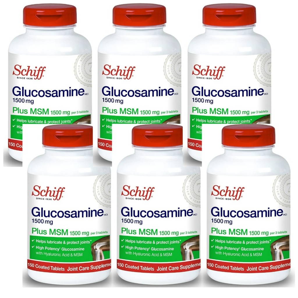 Schiff Glucosamin 1500mg Plus MSM og Hyaluronsyre, 150 tabletter - Joint Supplement (pakning med 6)