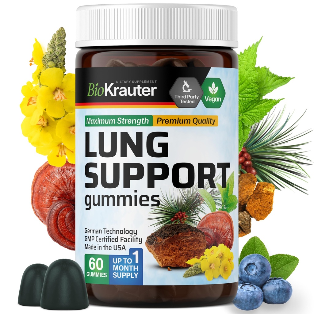 BIO KRAUTER Lung Detox Gummies - 60 Vegansk tyggegummi - Lung Cleanse Supplement w / C-vitamin & Mullein Leaf Blend - Respiratorisk support