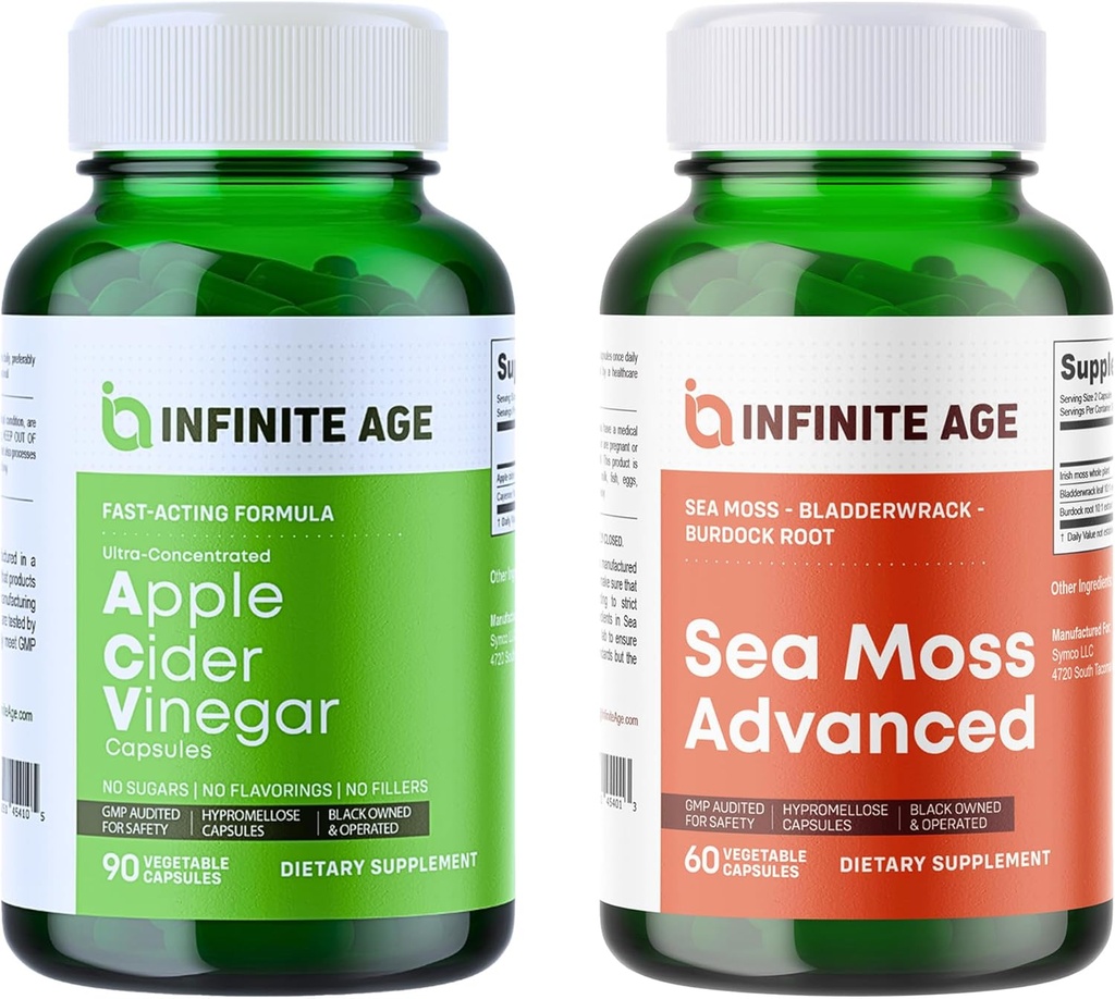 INFINIT AGE Wellness Bundle - Sea Moss Advanced 1250mg, Apple Cider Vinciferkapsler 1950mg - Lavet i USA
