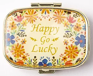 AmyZone Metal Pill Organizer Travel Friendly Portable Compact Pill Box Cute Pill Case at holde vitaminer / Tylenol / Fish Oil / Kosttilskud / Meds / Tablet til purse / Pocket (Happy Go Lucky)