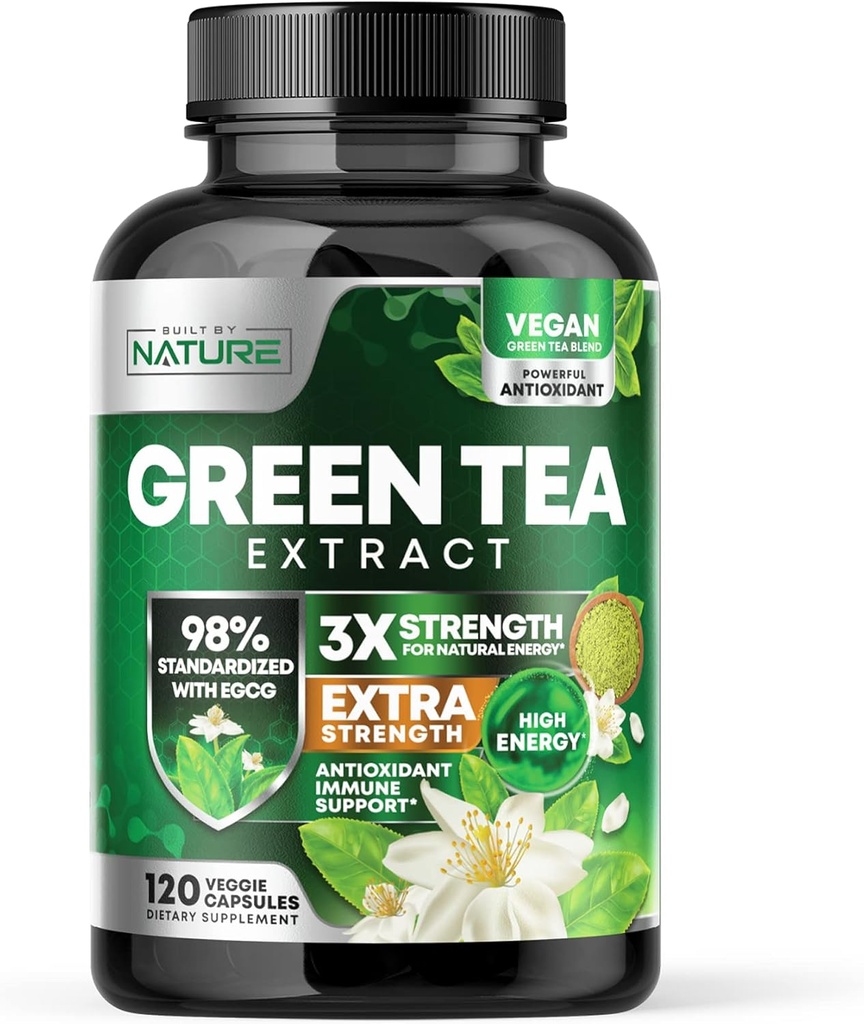 Bygget af Nature Green Tea Extract 1000mg - High Potency Supplement med 98% polyphenoler, 75% Catechiner & 45% EGCG - Natural Energy Support - Non- GMO - 120 Kapsler