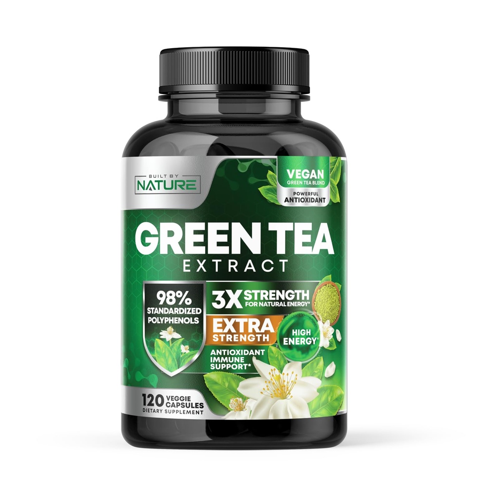 Bygget af Nature Green Tea Extract 1000mg - High Potency Supplement med 98% polyphenoler, 75% Catechiner & 45% EGCG - Natural Energy Support - Non- GMO - 120 Kapsler